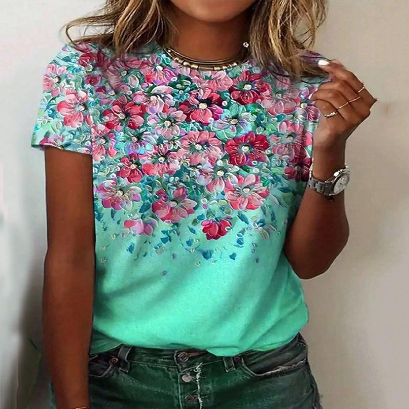 Damen Freizeit T-Shirt mit Blumendruck Hellblau Aquarellblume Rundhalsausschnitt Kurzarm Tops Atmungsaktiv Weich T-Shirts für den täglichen Gebrauch