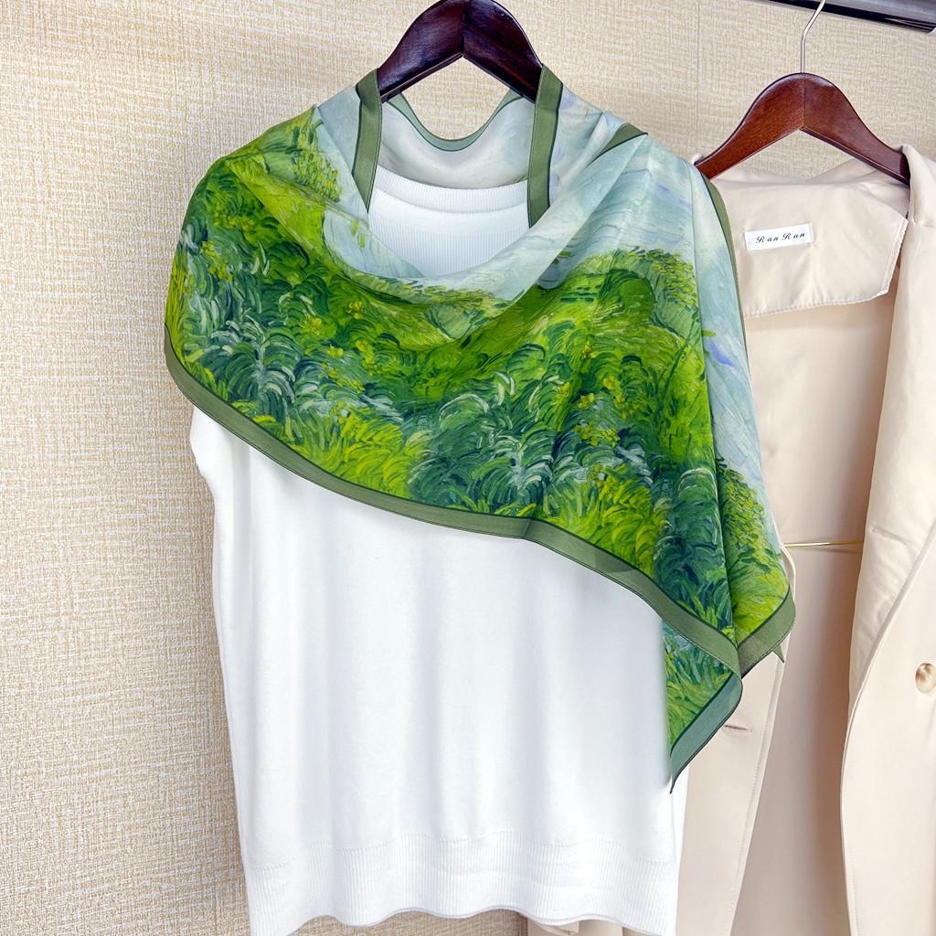 Green Oil Painting 100% Mulberry Silk Silk Long Scarf Spring And Summer Foreign Style Silk Scarf Shawl