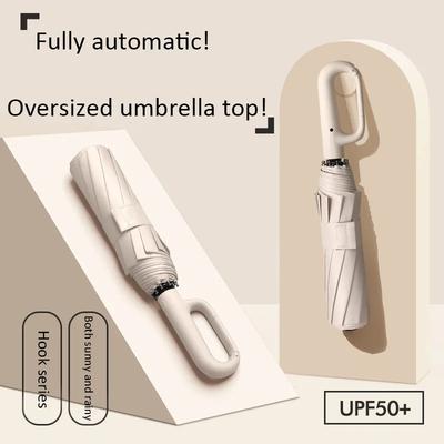Automatic 3 Folding Umbrella, Both Rain And Sunshine, 125CM Large, Wind Resistant, Hook Design,Water Repellent And Leakproof
