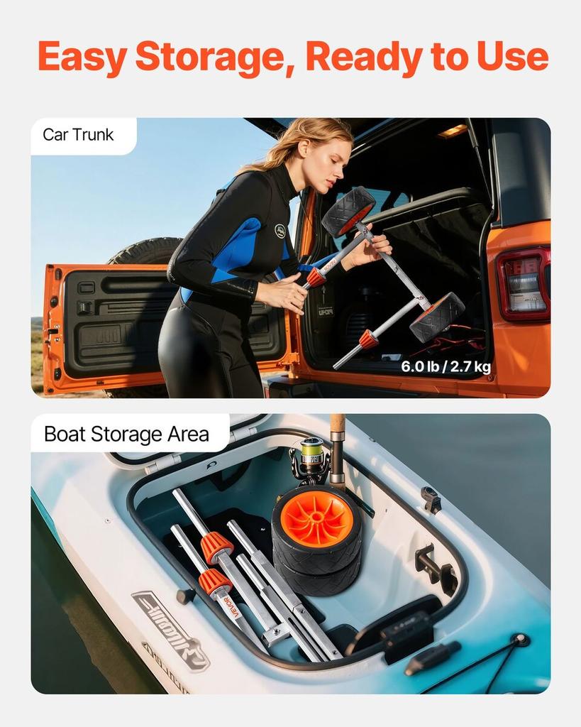 Kayak Cart, 113.4 Kg Load Capacity, Canoe Cart Dolly with 19.1 Cm Solid Rubber Tires & Kickstand, Assembles & Disassembles Within Seconds, Paddle