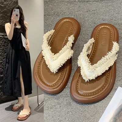 French Retro Toe Women's Thick-bottomed Fringed Slippers Summer Flip-flops Casual Heightening Beach Sandals