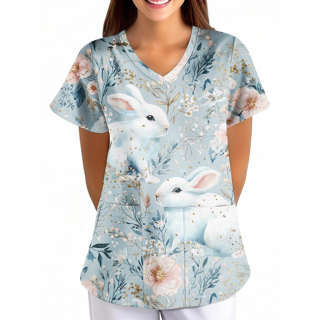 Damen Ostermuster Lockerer V-Ausschnitt Tasche Kurzarm Pflegekraft/ Uniform