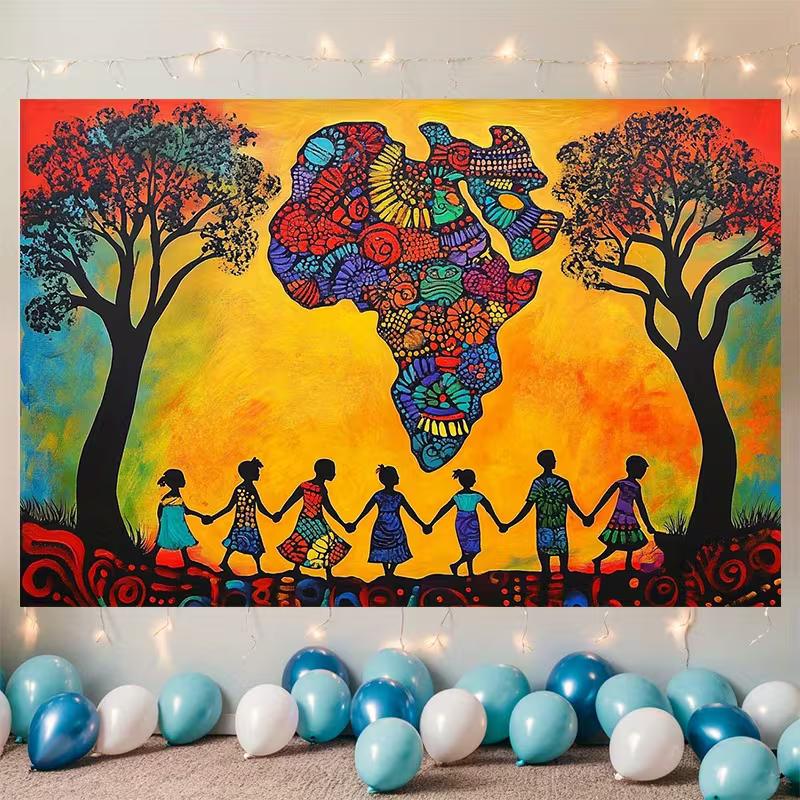 

2D African Heritage Party Backdrop, Colorful African Map with Kids Silhouette for Photoshoot 47.2x31.5inch/120*80cm