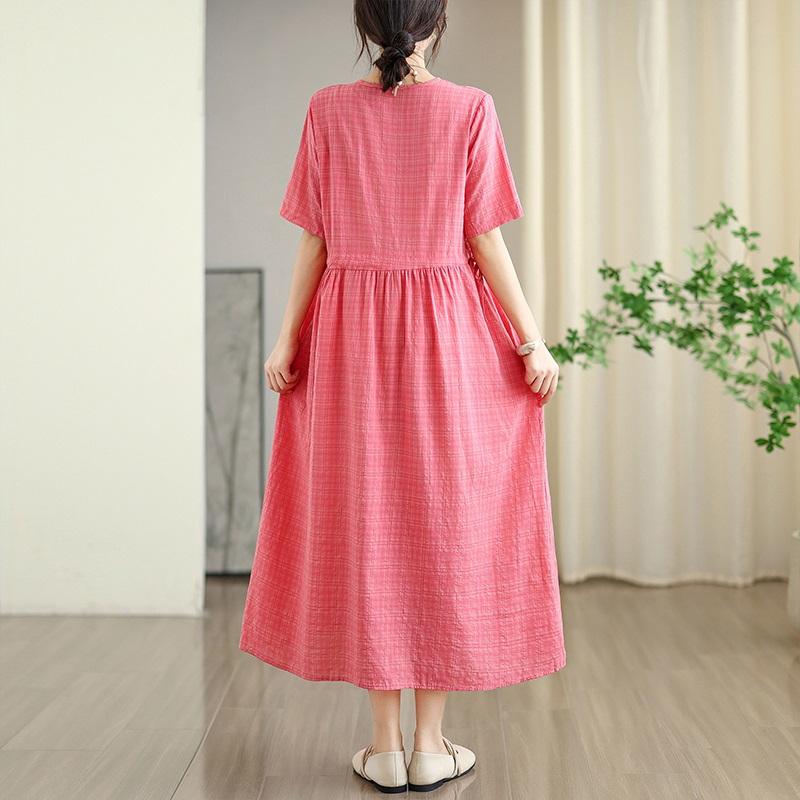 Short sleeve Plus size Cotton linen vintage plaid new in dresses for women casual loose long summer dress