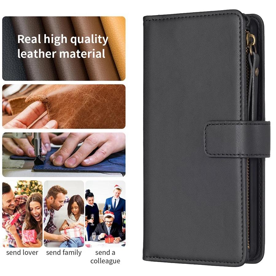 Wallet Flipped Solid Color Multi Card Zipper Leather Case For Samsung Galaxy S24 Ultra S23 Plus S22 S21 S20 FE A A4 A3 A1