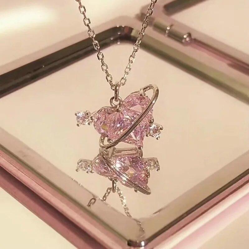 2023 Crystal Zircon Bow Knot Heart Pendant Necklaces Y2K Pink Heart Ladies Girls Fashion Elegant Clavicle Chain Women Jewelry