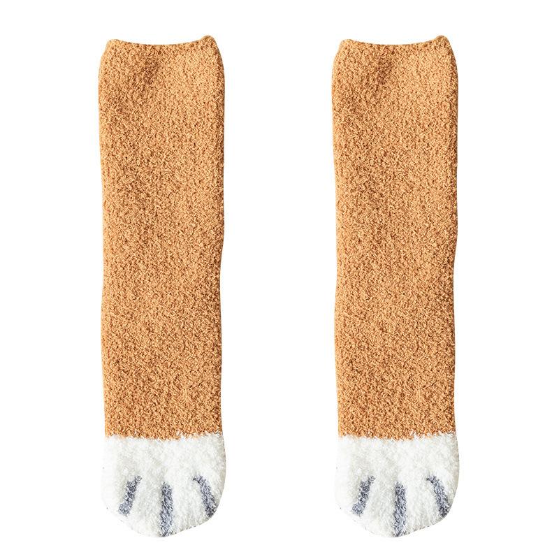 Coral Fleece Socks for Women In Autumn and Winter, Thickened and Fleece Warm Mid-calf Socks, Cute and Sweet Cat Paw Socks, Floor Socks