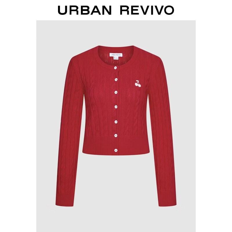 UR 2026 Spring Women s Cherry Embroidered Cable Knit Short Cardigan M