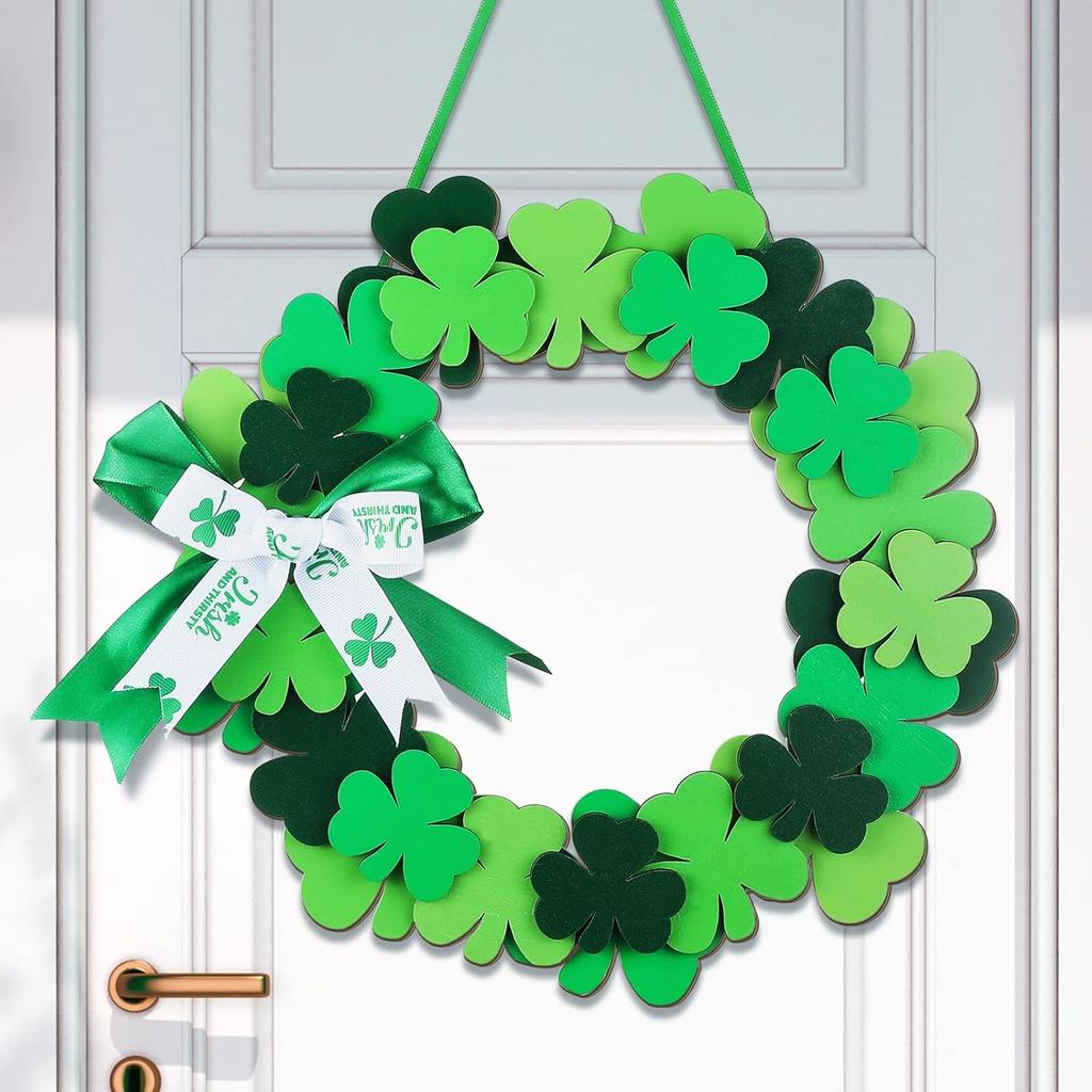 Yookeer St. Patrick's Day Shamrock Door Wreath Shamrocks Wooden Hanging Sign Lucky Irish Ornament Wood Wreath for Happy St. Patrick's Day Party Front