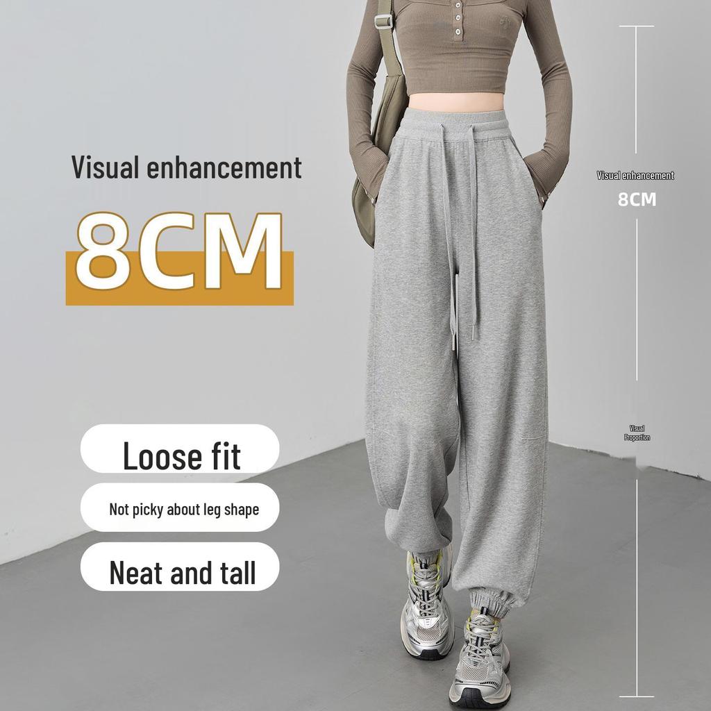 2025 Black Women's High-Waisted Slimming Cuffed Sweatpants - American Style Straight-Leg Lantern Pants for Autumn