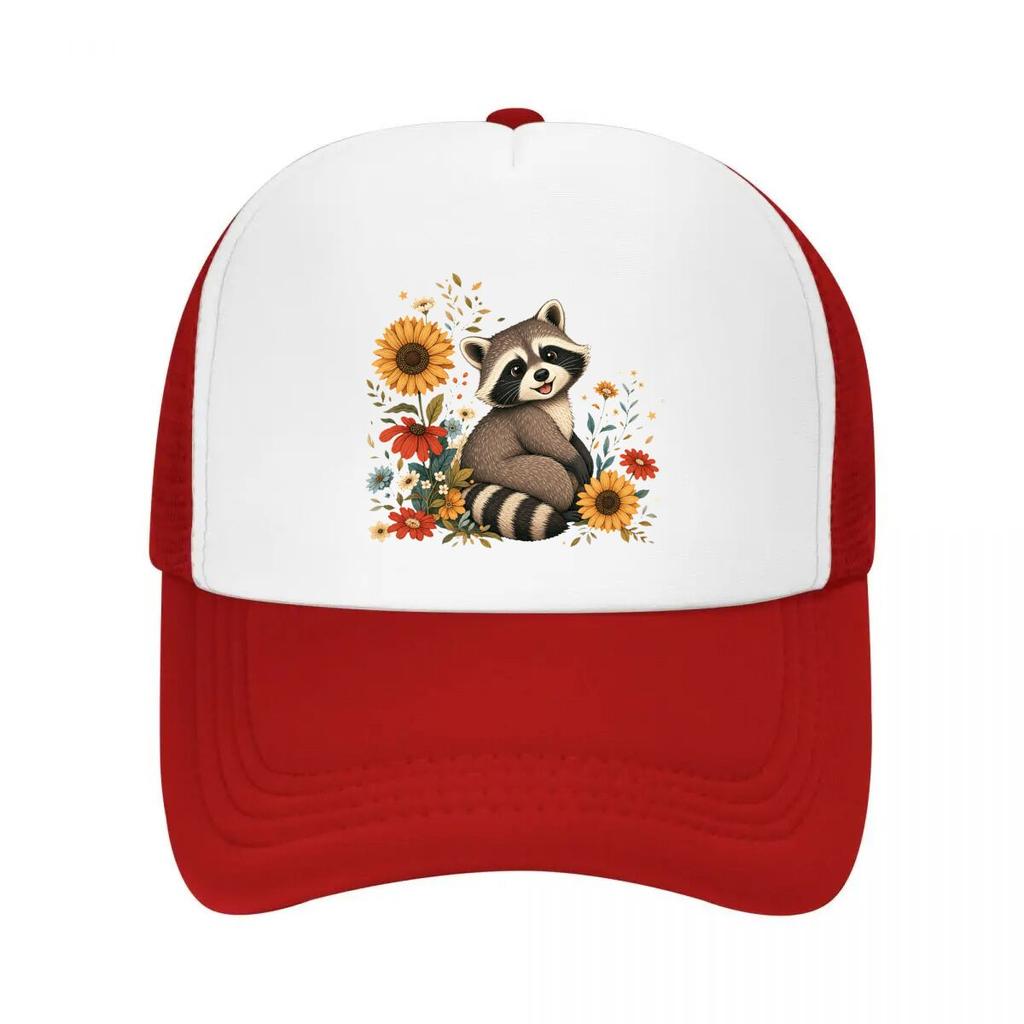 Whimsical Forest Raccoon Floral Port Mesh Baseball Cap Casual Hat Outdoor For Womens Unisex FeUnisex