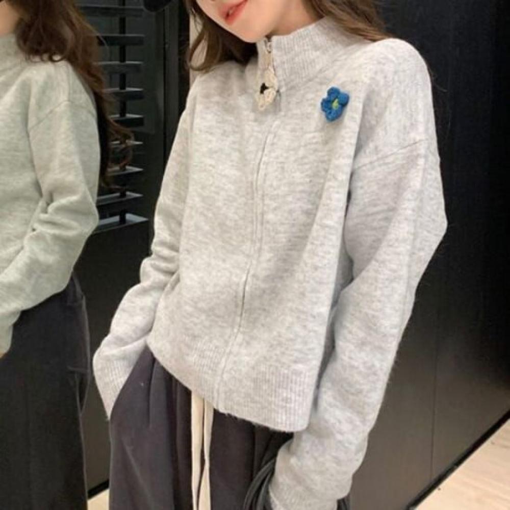 Navava Long Sleeve Knit Cardigan With Flower Points Zip Up Nk2818