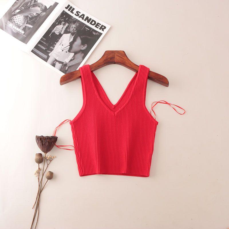 American Fashion Brand Double V Neck Rib Camisole Summer Sleeveless Fashion Fashion Solid Color Outerwear Knitting Tops