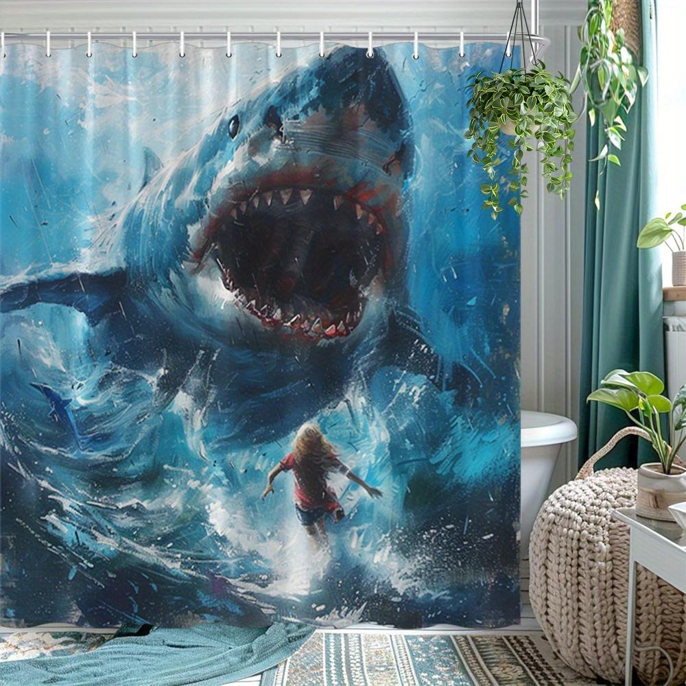 Textile Article White Shark Attack Shower Curtain Great Shark Art Underwater Scene Polyester Bath Curtain With Hooks For Horror Ocean Decor