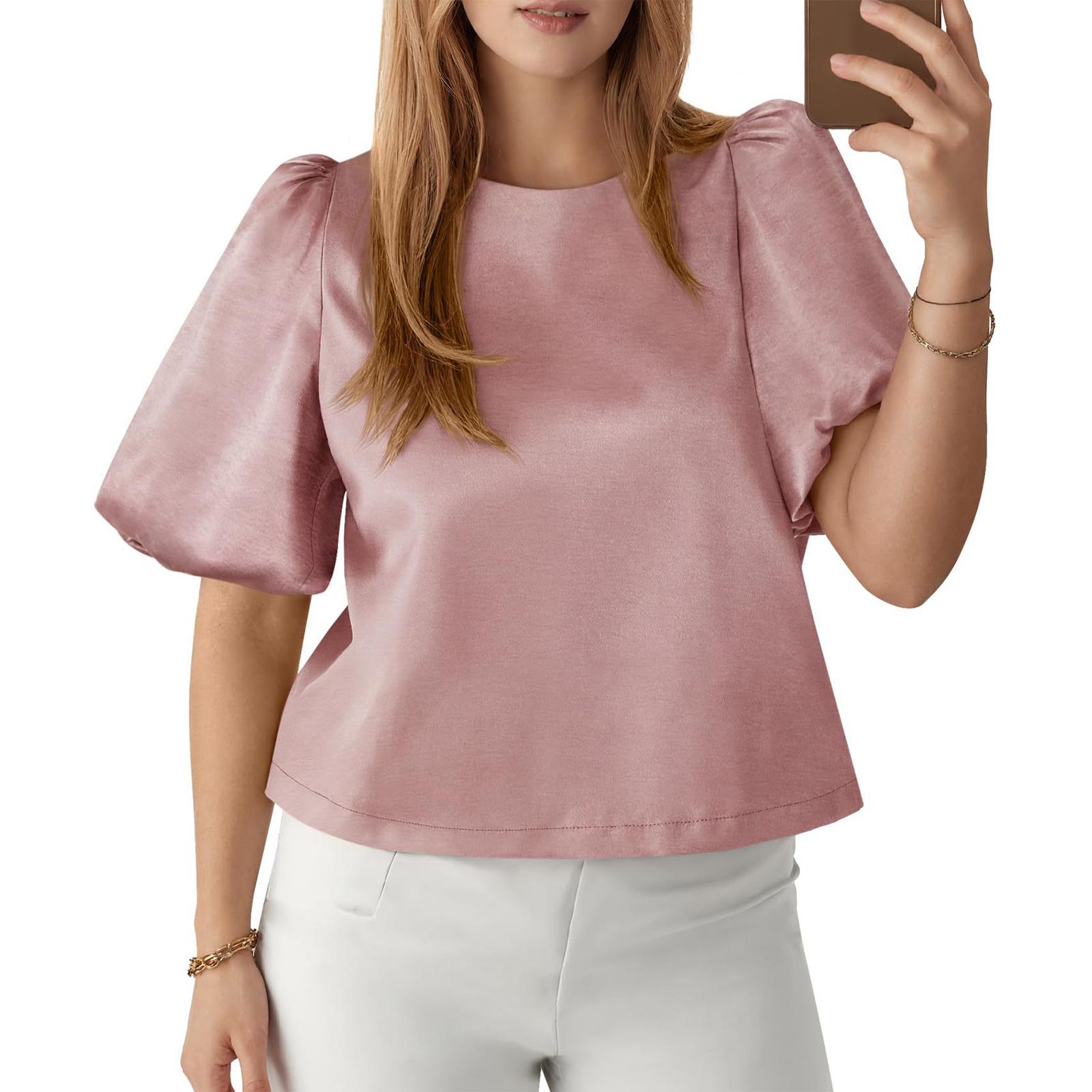 

Women s Fashionable Solid Color Round Neck Bubble Short Sleeved Pullover Top XL рожевий