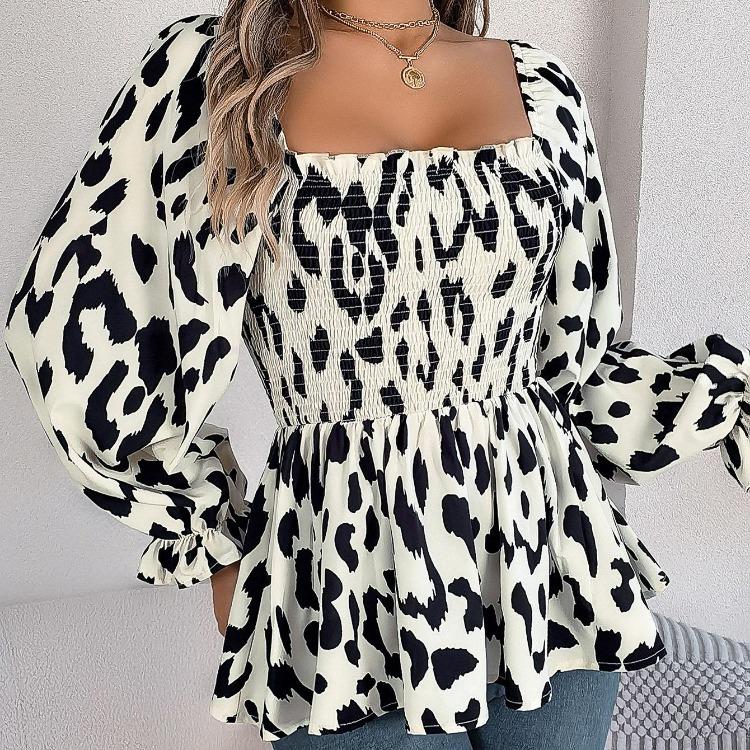 Women Long Sleeve Leopard Print Chiffon Blouse Streetwear Top Square Neck Tee Ladies T Shirt