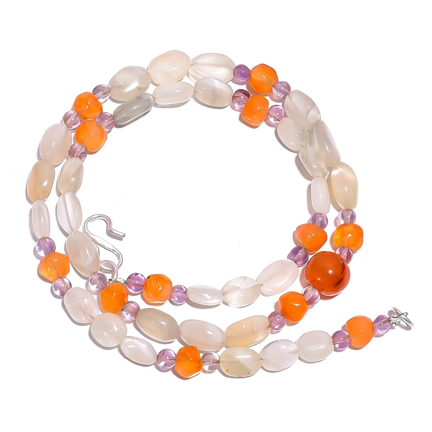 

Natural Moonstone Amethyst Carnelian Gemstone Smooth Beads Necklace 17 UB-4547 UB-4547