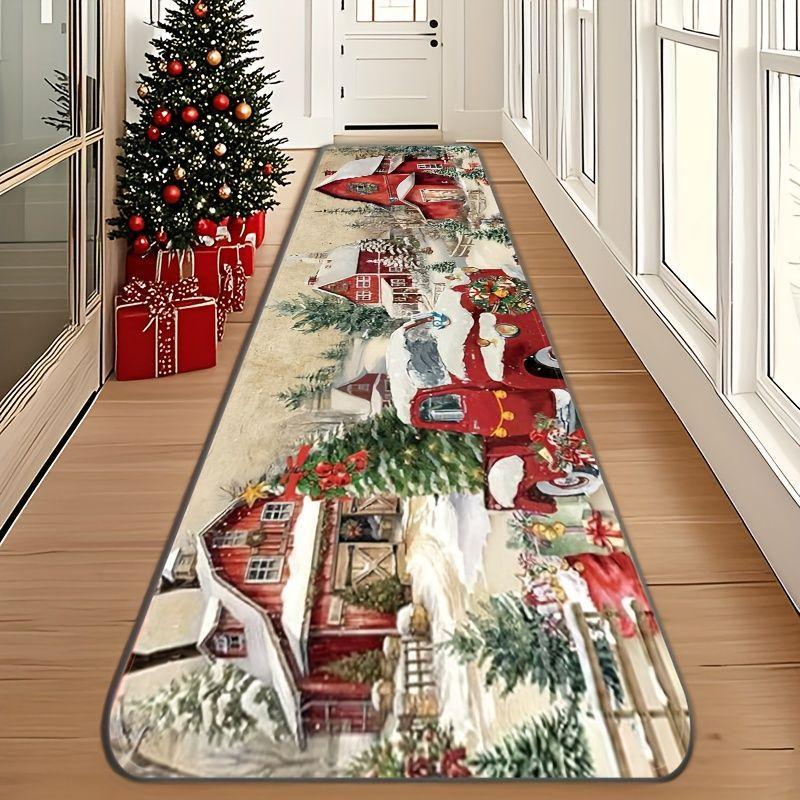 Christmas Runner Rug Red Truck Farm House Winter Scene Print Non Slip Washable Mat Hallway Entryway Winter Decor