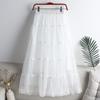 Qooth Women Casual Solid Color Lace Tulle Skirt Elegant Elastic Waist Cake Mesh A-line Skirt For Spring Summer QT2427