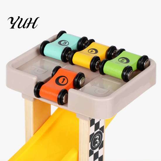 STEM Activity for Kids Wooden Ramp Racer Car Toy, 4 Numbered Mini Cars And Parking Lot Interactive Parent Child Play Design, Development Hand-eye