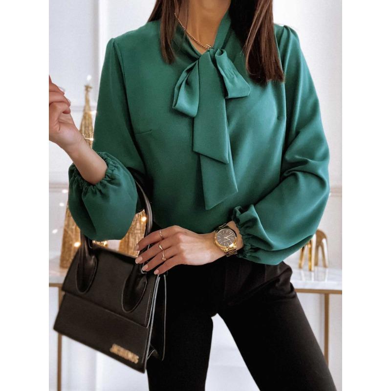 

YYFS Женская мода Повседневная весна-осень Однотонные принты Длинные рукава Блузки и рубашки XXL зелёный