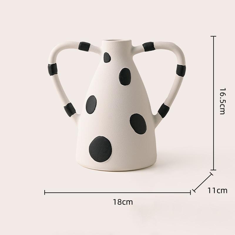 Ceramic Vase Black and White Dots Flower Vase Geometric Stripes Abstract Handle Flower Arrangement Pot Home Decoration