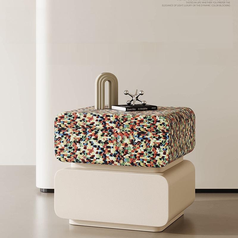 Minimalist Leather Nightstand with Rainbow Mosaic Design Solid Wood Bedside Cabinet Creative Storage for Bedroom Decor Modern