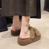 Lamb wool thick-soled fluffy slippers outer wear 2025 autumn and winter new one-word belt buckle home plush cotton slippers women