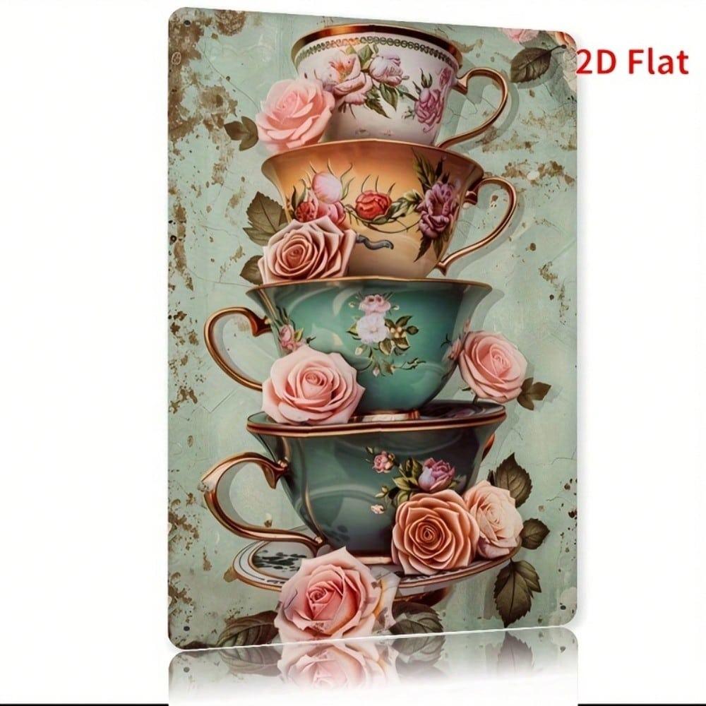 Vintage Floral Metal Wall Art Teacup Decor for Home Cafe