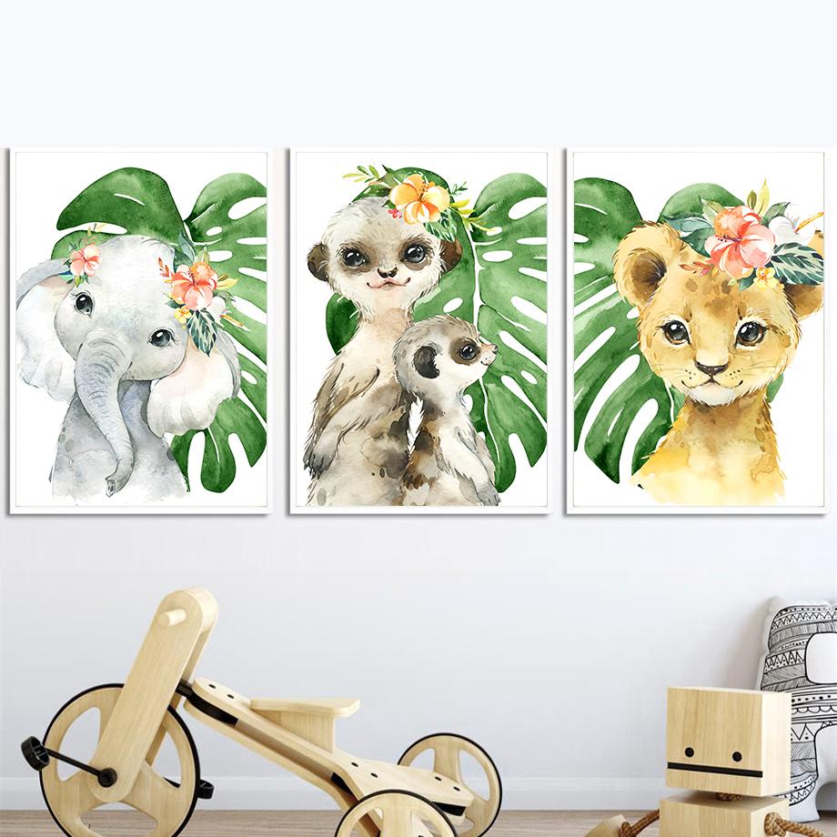 Lion Giraffe Elephant Zebra Tiger Leaves Wall Art Canvas PaintingNordic  Animal Posters And Prints Wall Pictures Baby Room Decor