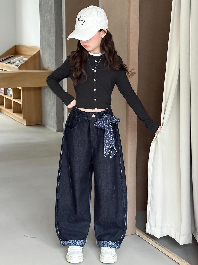 2025 Autumn Girls' Korean-Style Loose Wide-Leg Jeans for Middle & Big Kids