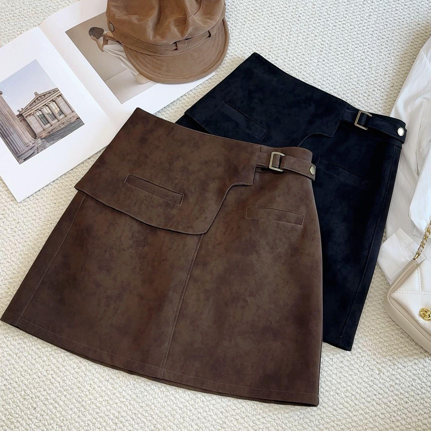 Европейская замшевая А-силуэта женская приталенная короткая юбка - Осенний универсальный стиль Extra Large