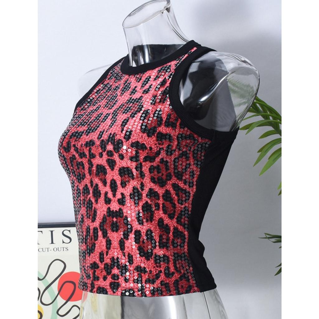 Bead, Leopard Print, Vest, Sexy, Exposed Waist, Color Blocking, Sleeveless Top for Women