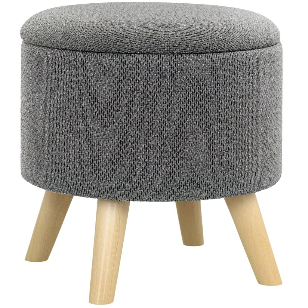 Round Pouf Footstool Stool with Storage Chest Wooden Legs Modern Design Grey
