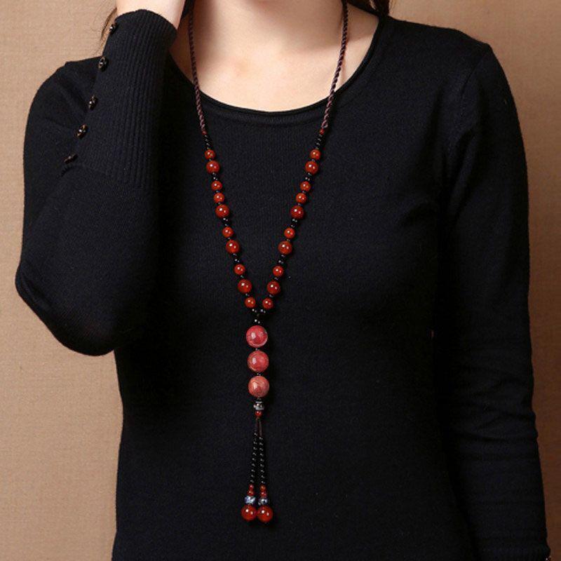 GEMCHIC Women s Vintage Ethnic Style Red Agate Long Tassel Necklace Handmade Beaded Sweater Chain Pendant красный