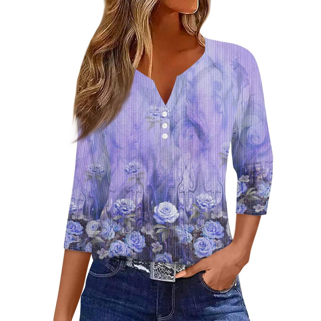 Women's T Shirt Tee Print Button 3/4 Sleeve Knit Sweater Daily Weekend Fashion Basic V- Neck Regular Top