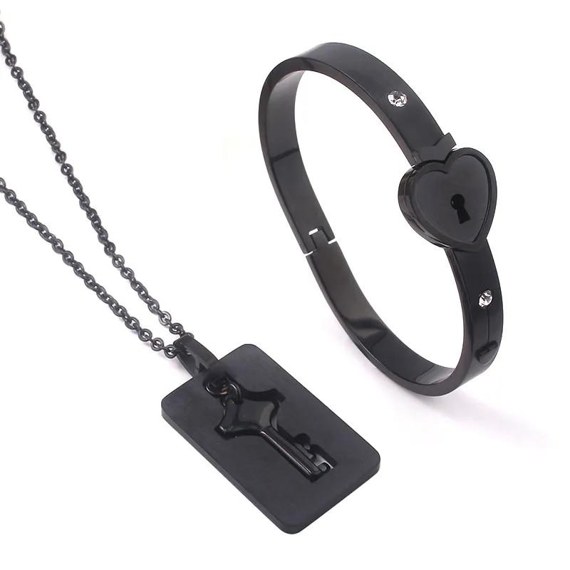Set de colier brățară inimă Bijuterii din oțel inoxidabil Colier cu pandantiv cu cheie Femei Bărbați Iubitori Cuplu Cadou de Ziua Îndrăgostiților