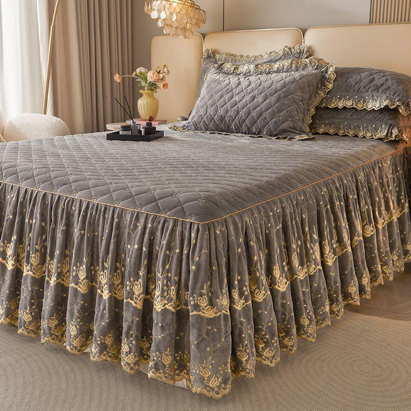 3-teiliges Modernes Luxus Makramee Bettrock Set, Einfarbig Ganzjahres Universal Rutschfestes Bettwäscheset (Bettrock *1+ Kissenbezug*2, Ohne Füllung)