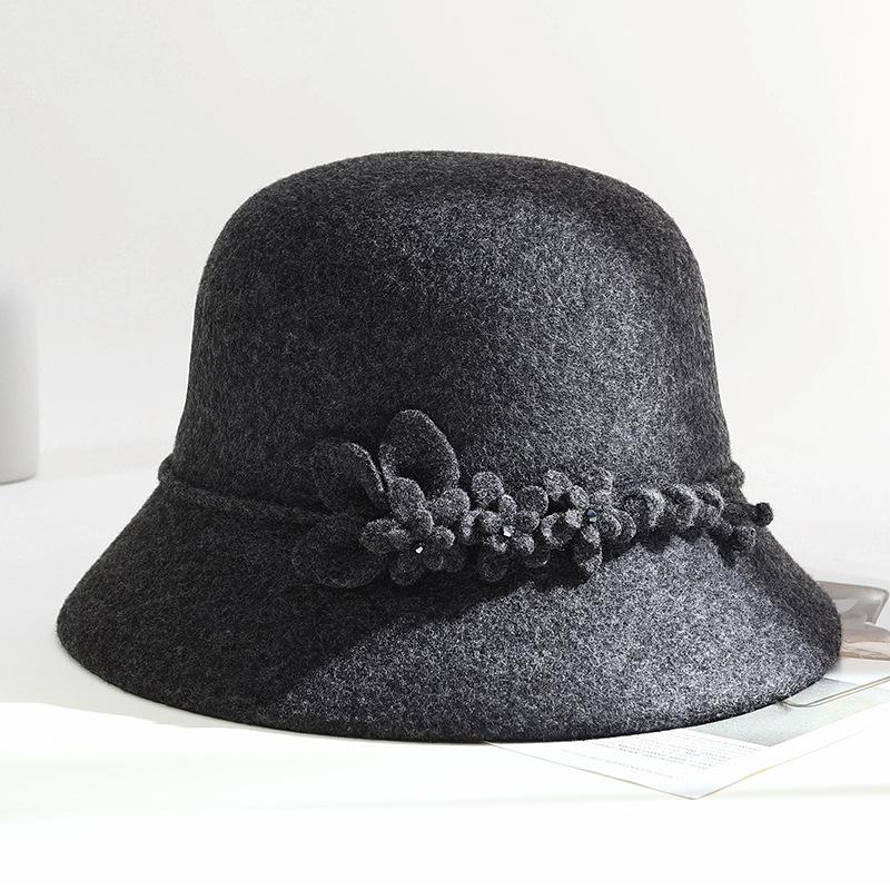 

Wool basin hat Winter mother hat Warm temperament Ladies top hat Fashion and elegant woolen bucket hat one size fits all темно-сірий