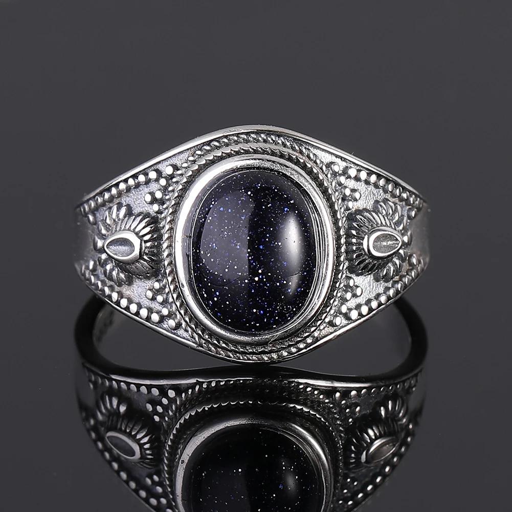 Natural Blue Sandstone 8x10MM Silver Ring Jewelry Retro Oval Ring For Women Gift Wholesale Party Wedding Gift