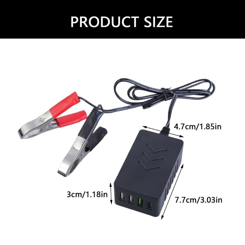 DC8V-35V Battery Clamp to 5V 3xUSB+1xType C Output Charger Adapter 4-Port Fast Charging for Phones Tablets Black