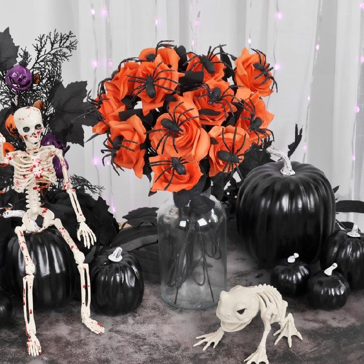 Gothics Black Spiders Artificial Rose Floral Stem For Themed Event Bendable Stalk Silk Flower For Eerie Decoration