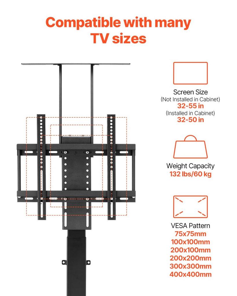 Motorized TV Lift Stand Mount Bracket 132 Lbs Load with Remote Control