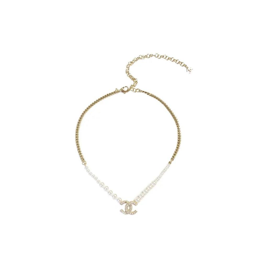 Chanel Double C Metal Imitation Pearl Necklace Women Necklace Gold Pearl-White AB6549-B06135-ND169