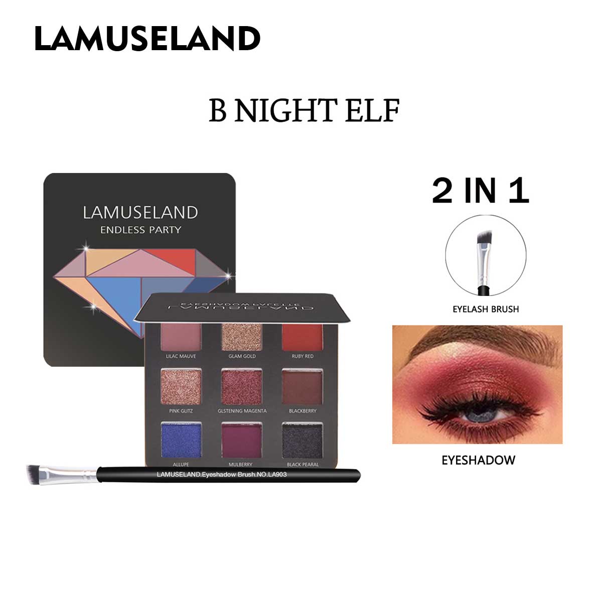 

LAMUSELAND 9 цветов Блестящая палитра теней для век с бриллиантами Матовые тени для век с кистью для теней #LAS303