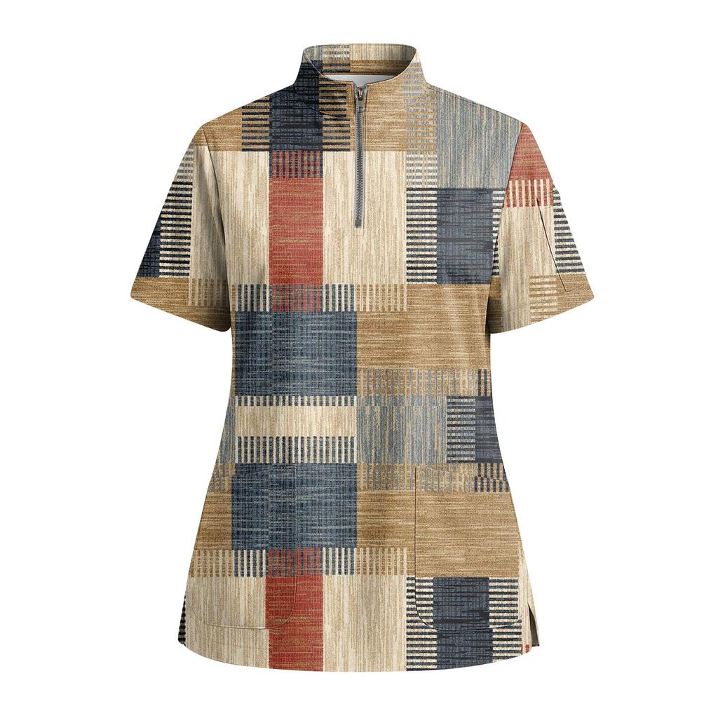 Women's Short Sleeved Printed V-neck Buttonable Side Slit Top T-shirt