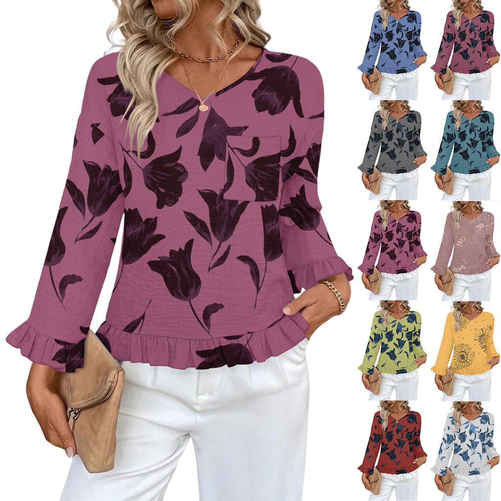 Women's Casual Fashion Ruffled V-Neck Pocket Floral Print Long Sleeve Top