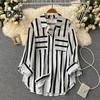 Women Fall Shirt Contrast Color Striped Print Long Sleeve Loose Lapel Single Breasted Patch Pocket Buttons Soft Commute Top