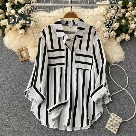 Women Fall Shirt Contrast Color Striped Print Long Sleeve Loose Lapel Single breasted Patch Pocket Buttons Soft Commute Top
