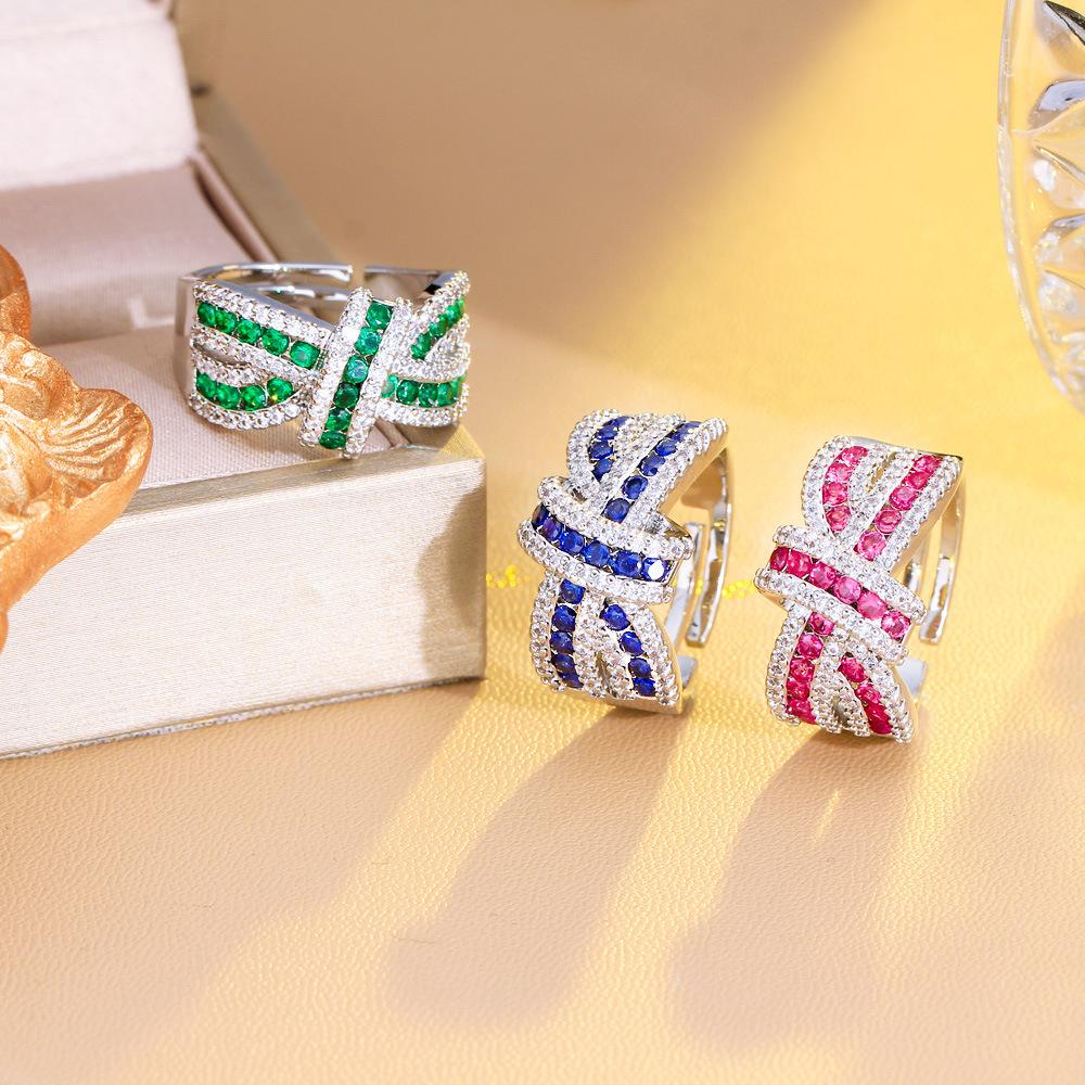 Light Luxury Bright Three-Dimensional Bow Full Diamond Opening Ring Irregular Strip Cross Zircon Ring Ring Ring